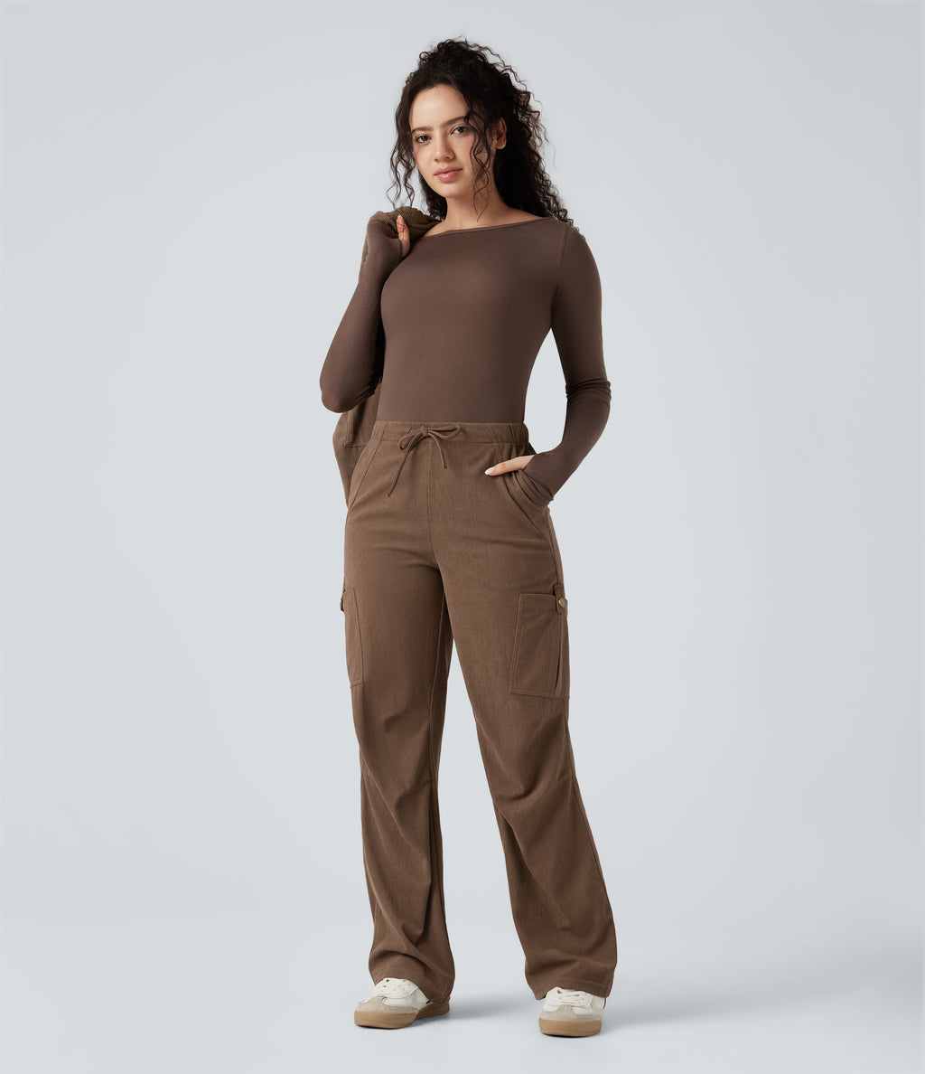 Mid Rise Drawstring Corduroy Casual Straight Leg Cargo Trousers with Pockets — Camellia Brown — view 8