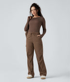 Mid Rise Drawstring Corduroy Casual Straight Leg Cargo Trousers with Pockets — Camellia Brown — view 8