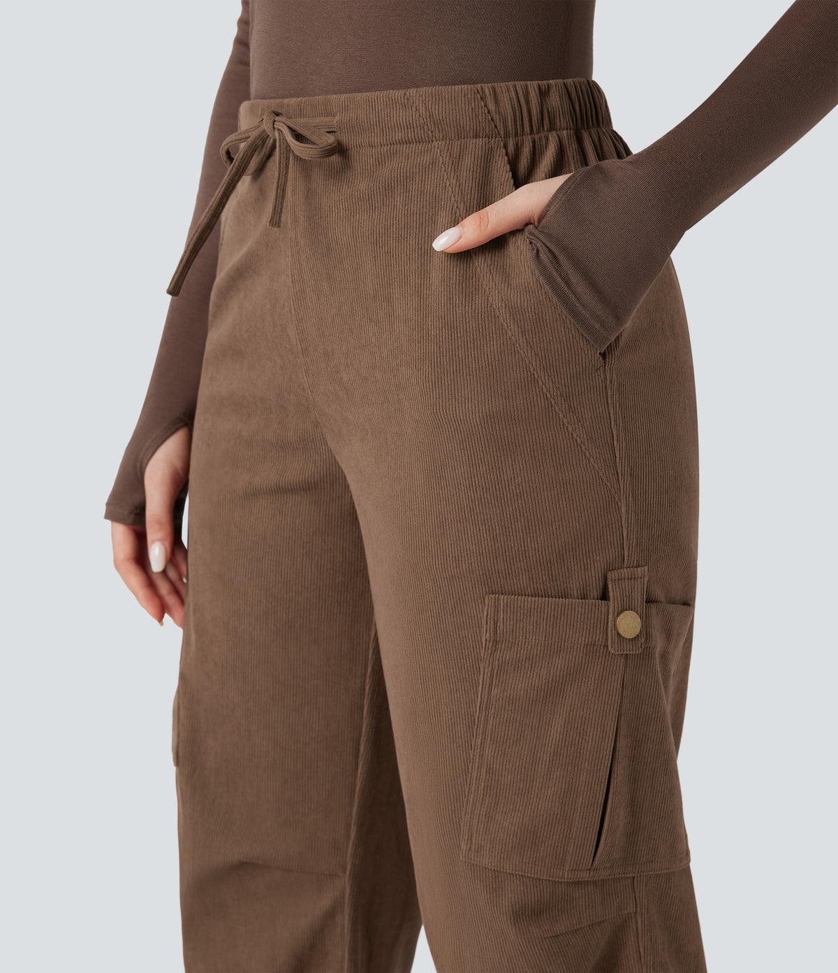 Mid Rise Drawstring Corduroy Casual Straight Leg Cargo Trousers with Pockets — Camellia Brown — view 4