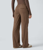 Mid Rise Drawstring Corduroy Casual Straight Leg Cargo Trousers with Pockets — Camellia Brown — view 2