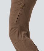 Mid Rise Drawstring Corduroy Casual Straight Leg Cargo Trousers with Pockets — Camellia Brown — view 7