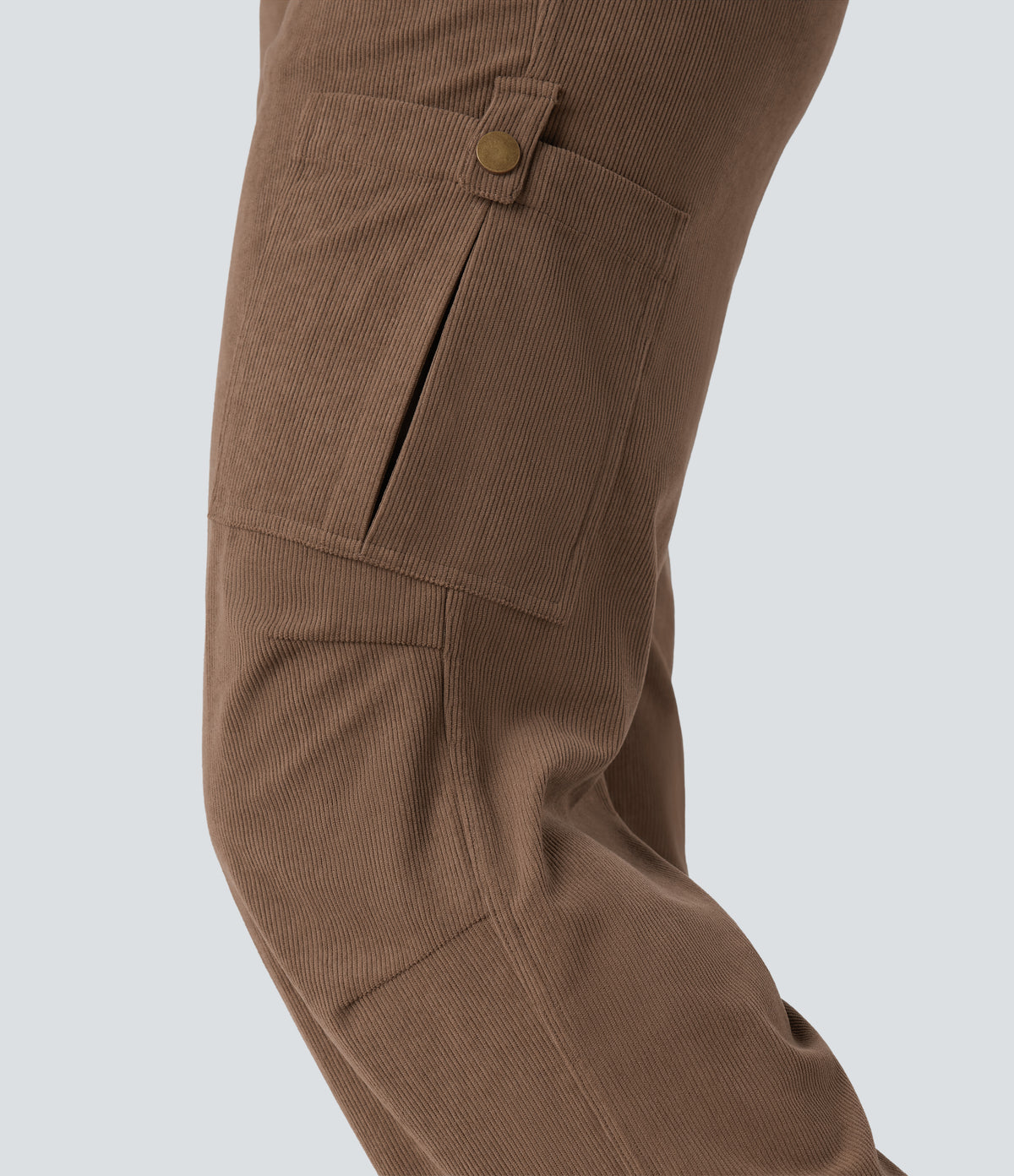 Mid Rise Drawstring Corduroy Casual Straight Leg Cargo Trousers with Pockets — Camellia Brown — view 7