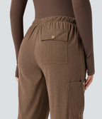 Mid Rise Drawstring Corduroy Casual Straight Leg Cargo Trousers with Pockets — Camellia Brown — view 5