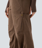 Mid Rise Drawstring Corduroy Casual Straight Leg Cargo Trousers with Pockets — Camellia Brown — view 6