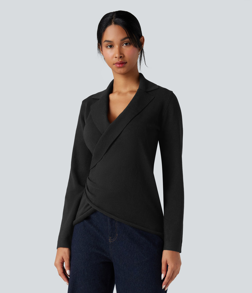 V-neck Long Sleeve Wrap Work Jumper — Black — view 6