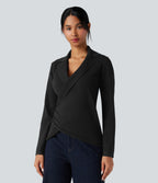 V-neck Long Sleeve Wrap Work Jumper — Black — view 6
