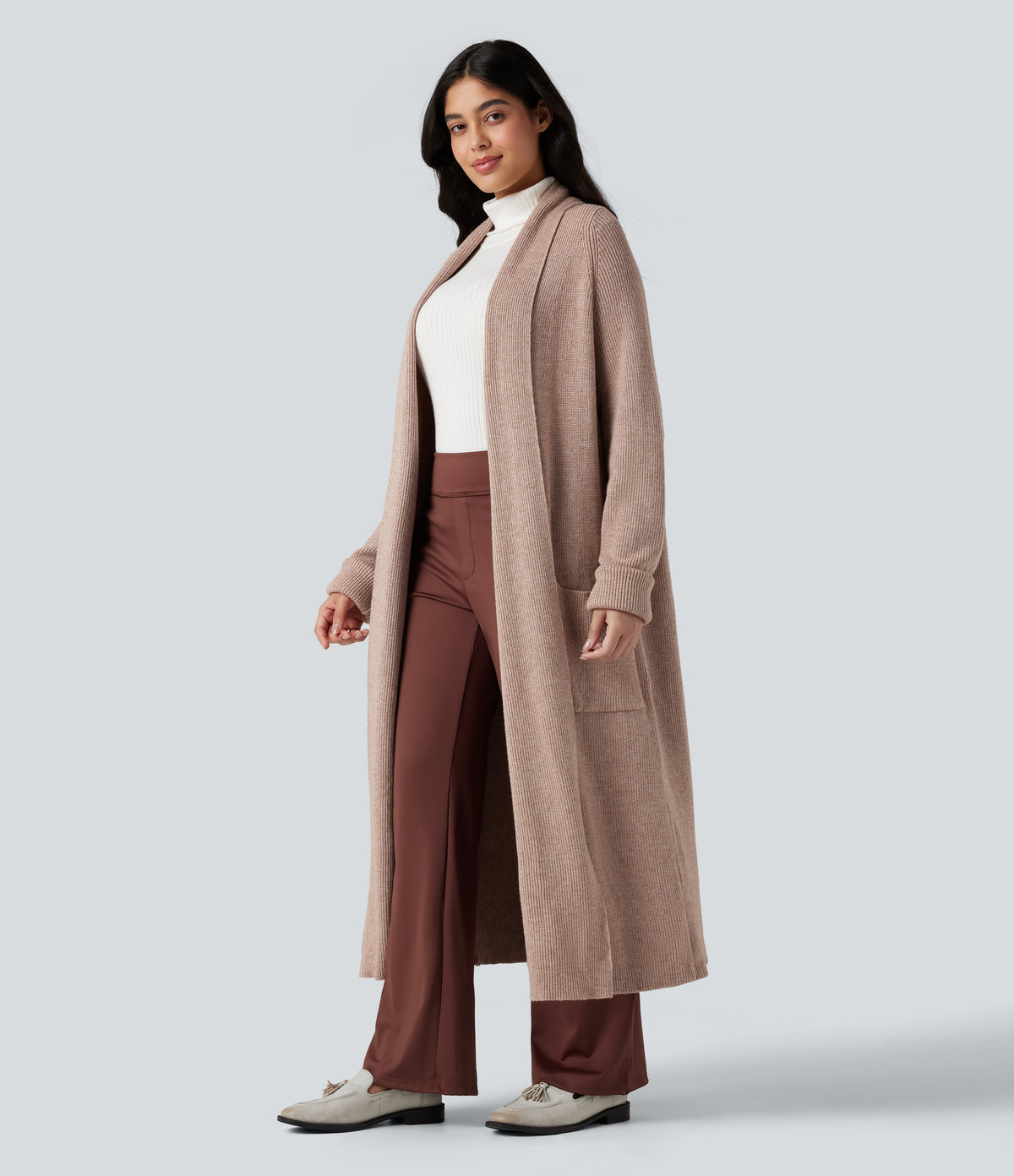 Long Sleeve Work Longline Cardigan with Pockets — Rose Dust — view 3