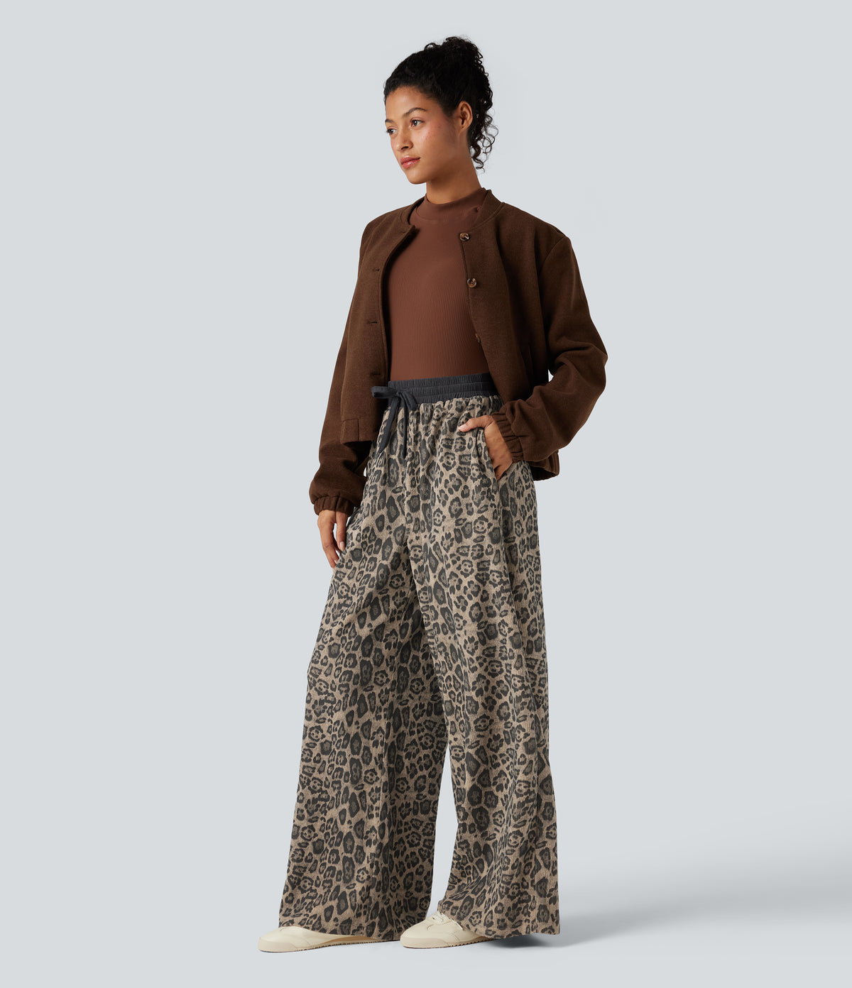 High Waisted Drawstring Leopard Print Casual Baggy Trousers with Pockets — Olive Spot Camo — view 6