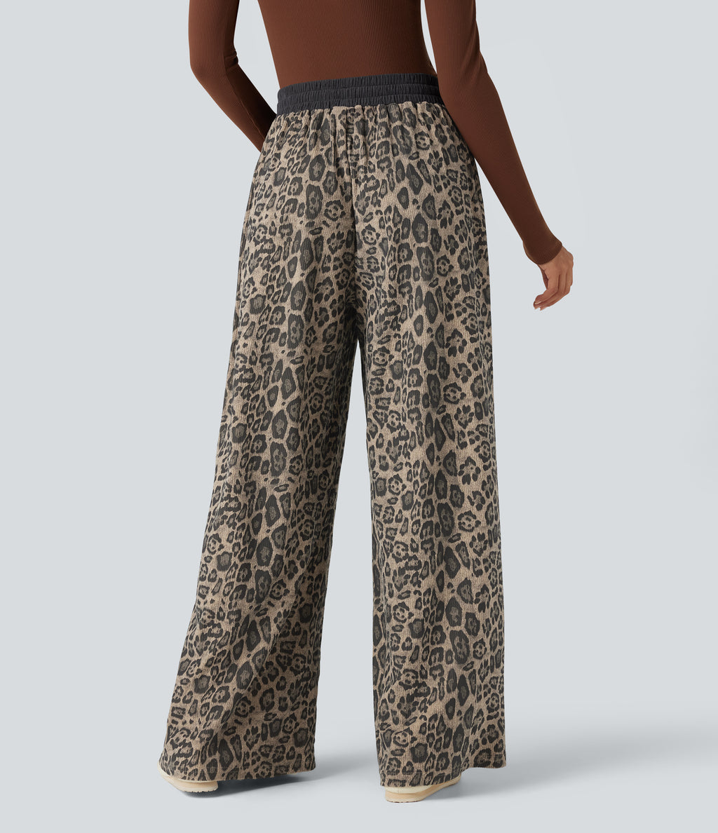 High Waisted Drawstring Leopard Print Casual Baggy Trousers with Pockets — Olive Spot Camo — view 2