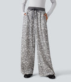 High Waisted Drawstring Leopard Print Casual Baggy Trousers with Pockets — Snow Spot Print — view 7