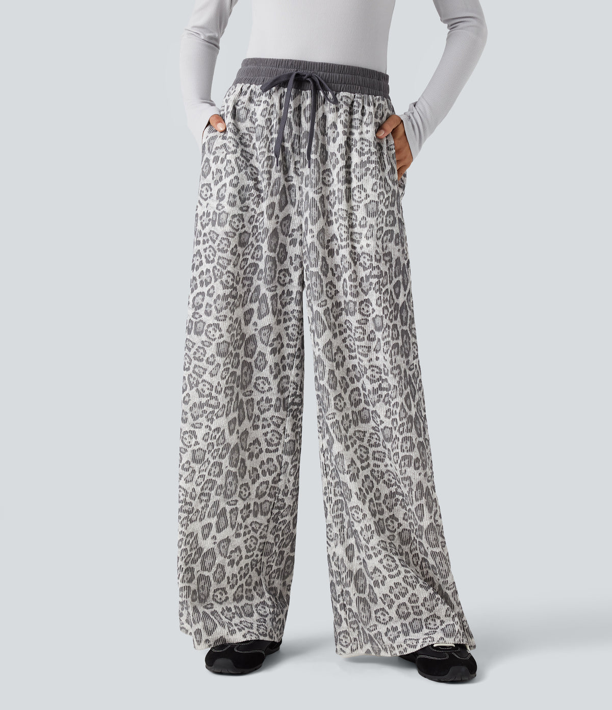 High Waisted Drawstring Leopard Print Casual Baggy Trousers with Pockets — Snow Spot Print — view 7