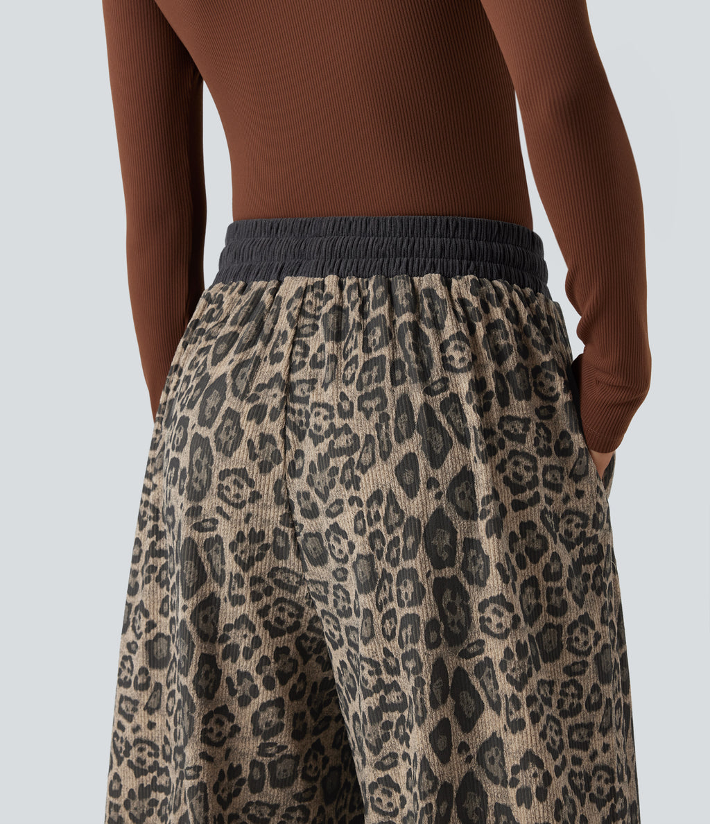 High Waisted Drawstring Leopard Print Casual Baggy Trousers with Pockets — Olive Spot Camo — view 5