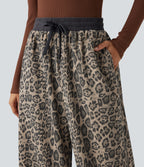 High Waisted Drawstring Leopard Print Casual Baggy Trousers with Pockets — Olive Spot Camo — view 4