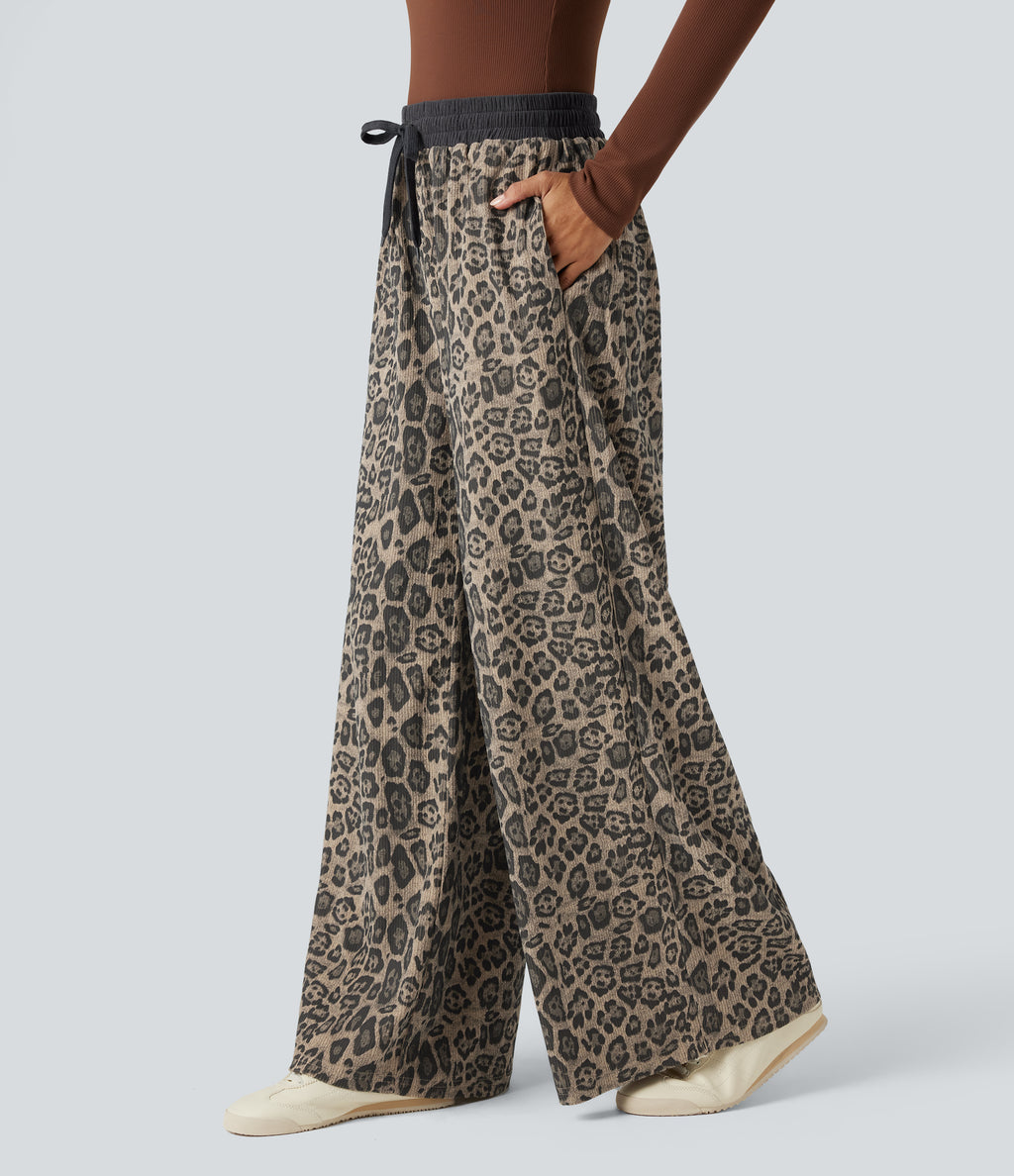 High Waisted Drawstring Leopard Print Casual Baggy Trousers with Pockets — Olive Spot Camo — view 3