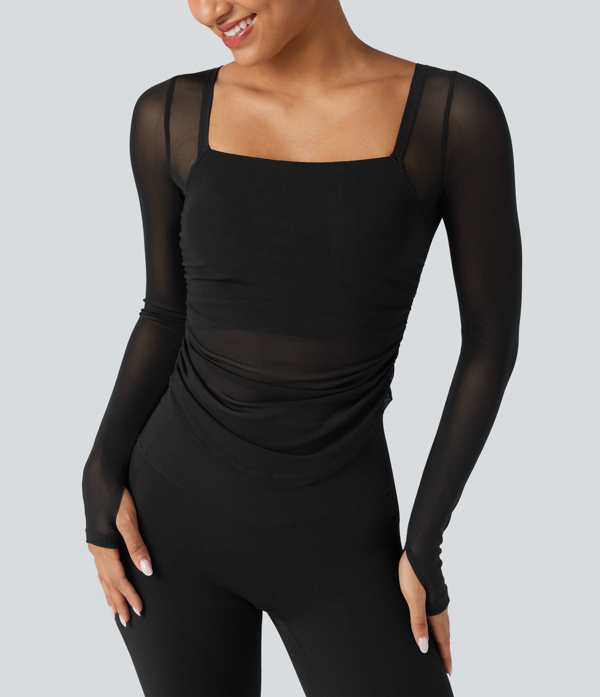 Square Neck Long Sleeve Thumb Holes Contrast Mesh Ruched Curved Hem 2-in-1 Workout Top — Black — view 1