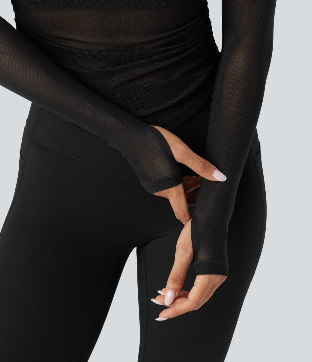 Square Neck Long Sleeve Thumb Holes Contrast Mesh Ruched Curved Hem 2-in-1 Workout Top — Black — view 5