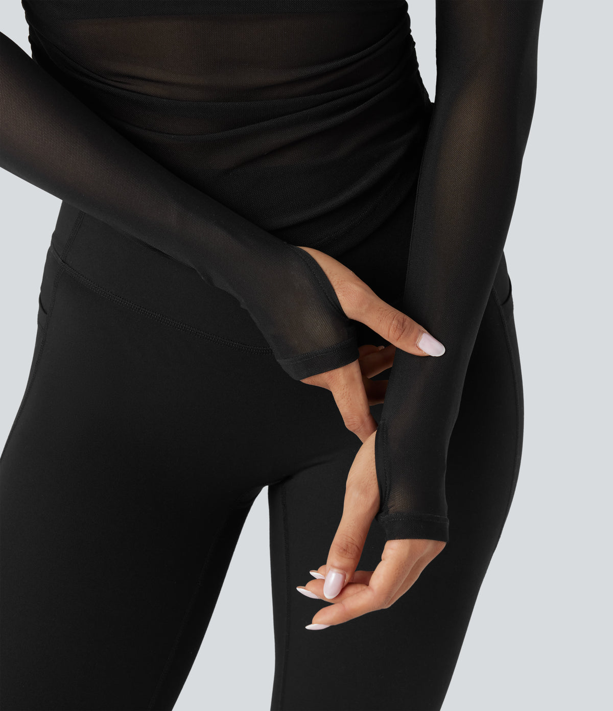Square Neck Long Sleeve Thumb Holes Contrast Mesh Ruched Curved Hem 2-in-1 Workout Top — Black — view 5