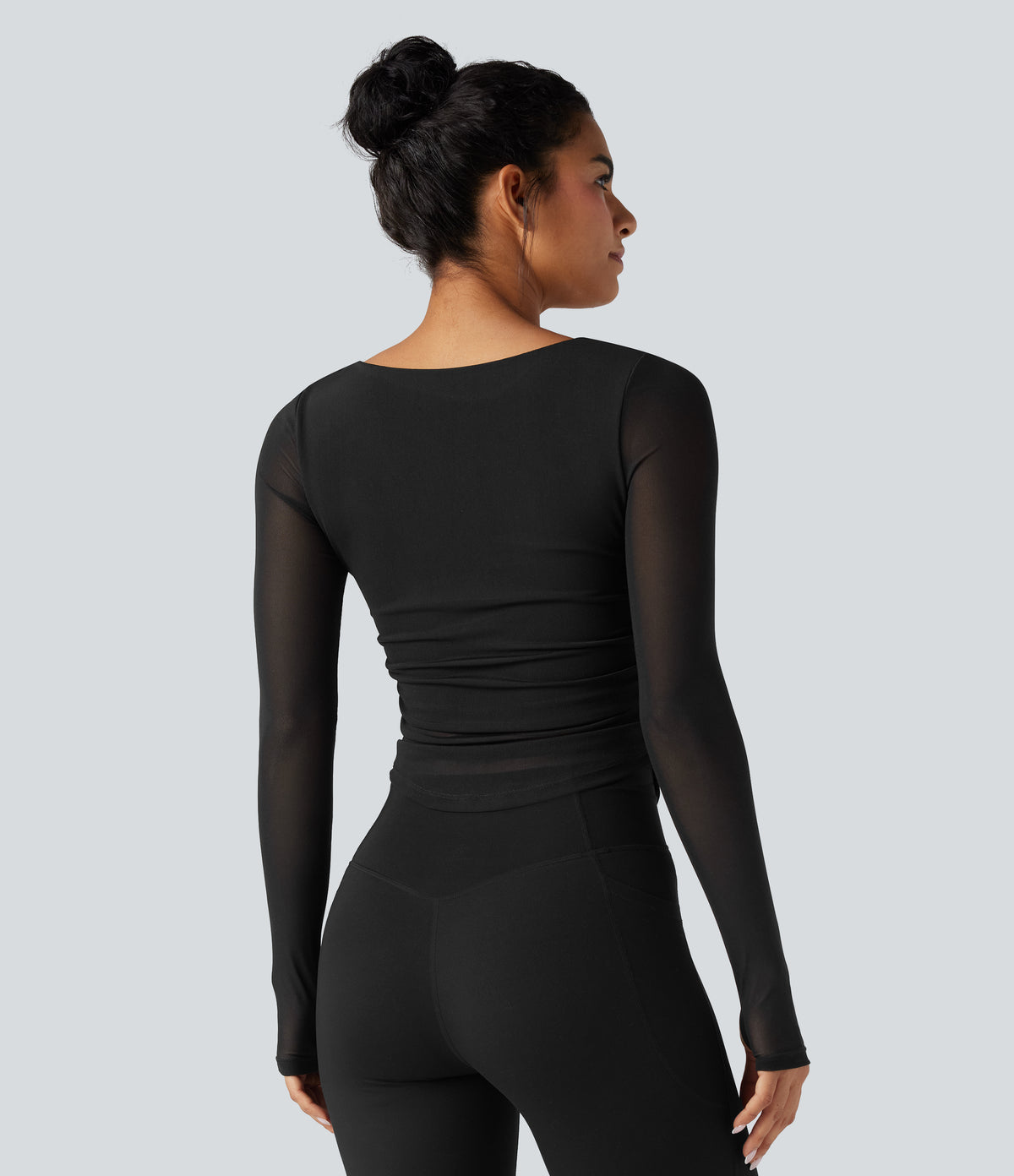 Square Neck Long Sleeve Thumb Holes Contrast Mesh Ruched Curved Hem 2-in-1 Workout Top — Black — view 3