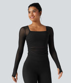 Square Neck Long Sleeve Thumb Holes Contrast Mesh Ruched Curved Hem 2-in-1 Workout Top — Black — view 4