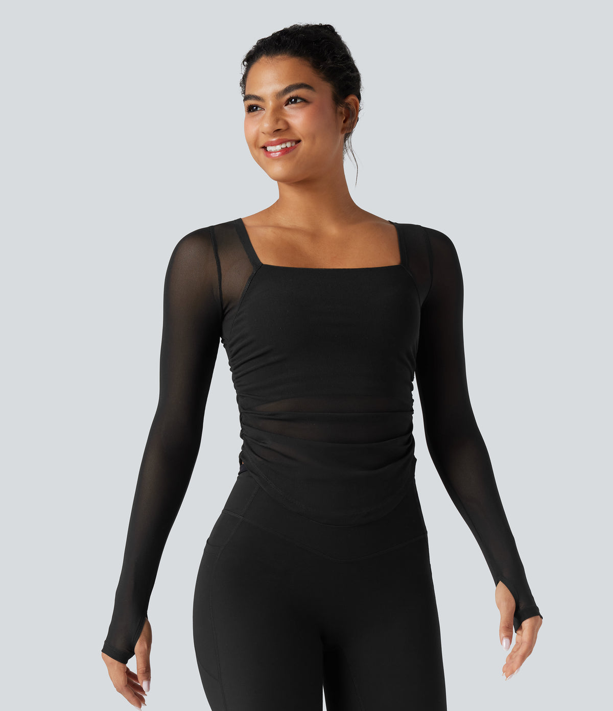 Square Neck Long Sleeve Thumb Holes Contrast Mesh Ruched Curved Hem 2-in-1 Workout Top — Black — view 4