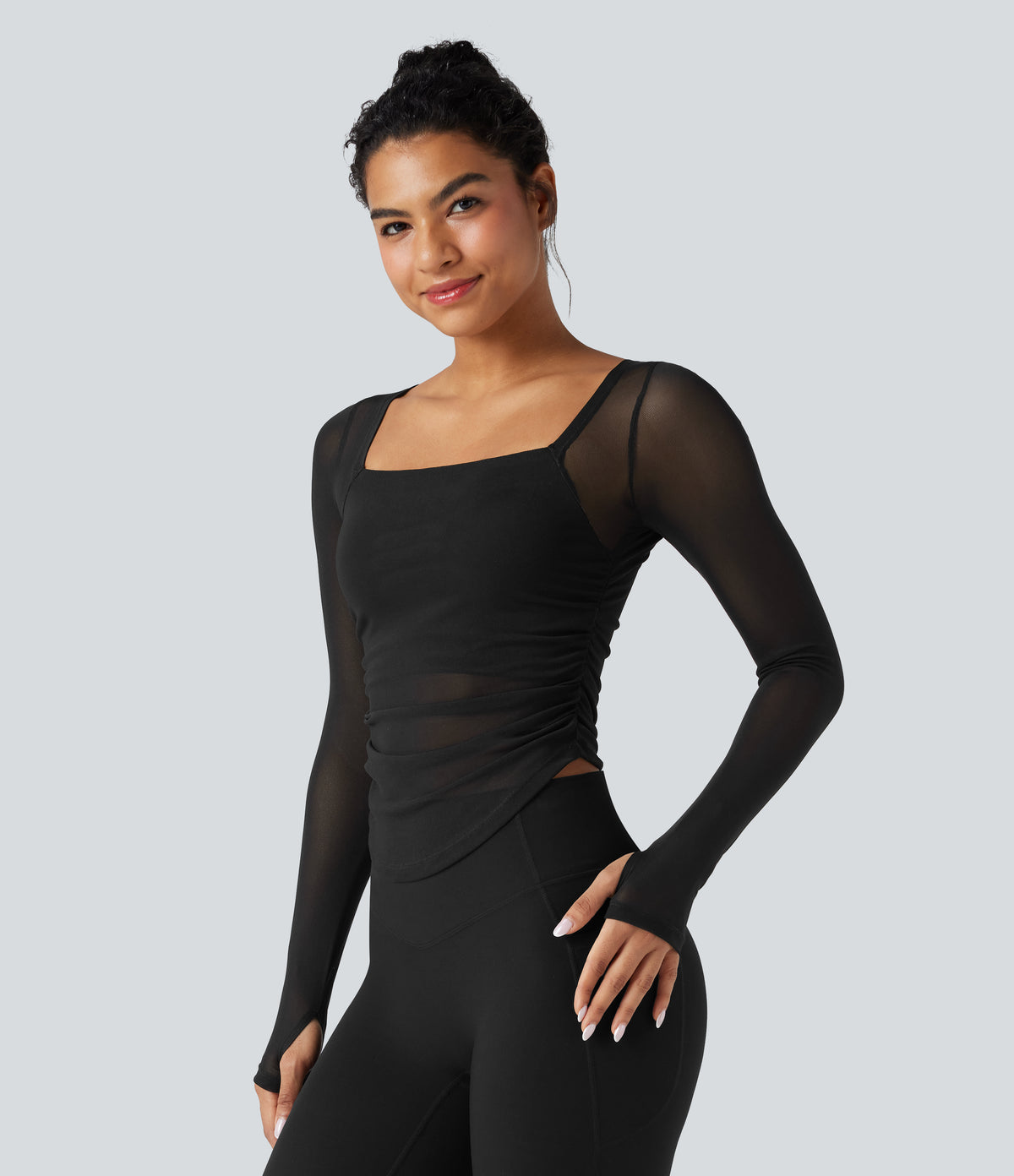 Square Neck Long Sleeve Thumb Holes Contrast Mesh Ruched Curved Hem 2-in-1 Workout Top — Black — view 2