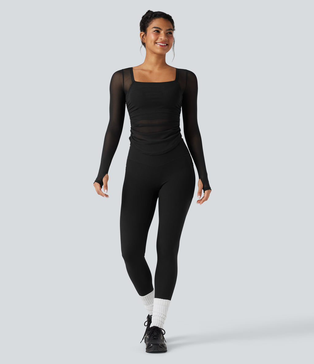 Square Neck Long Sleeve Thumb Holes Contrast Mesh Ruched Curved Hem 2-in-1 Workout Top — Black — view 7