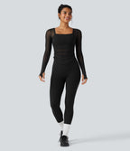 Square Neck Long Sleeve Thumb Holes Contrast Mesh Ruched Curved Hem 2-in-1 Workout Top — Black — view 7