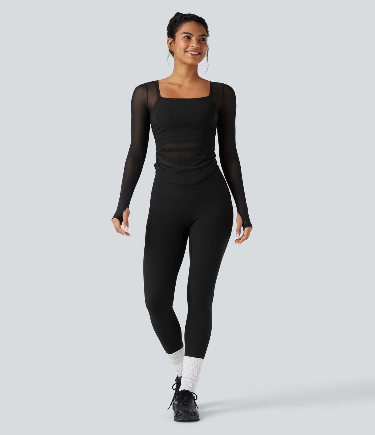 Square Neck Long Sleeve Thumb Holes Contrast Mesh Ruched Curved Hem 2-in-1 Workout Top — Black — view 7