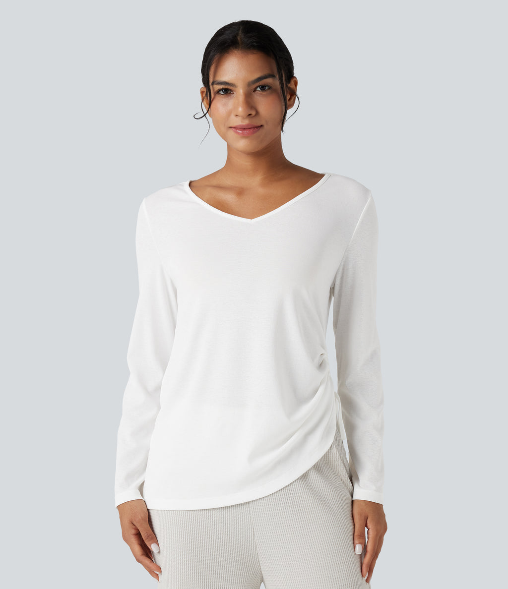 Deep V-neck Long Sleeve Drawstring Hem Casual Top — White — view 3