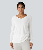 Deep V-neck Long Sleeve Drawstring Hem Casual Top — White — view 3