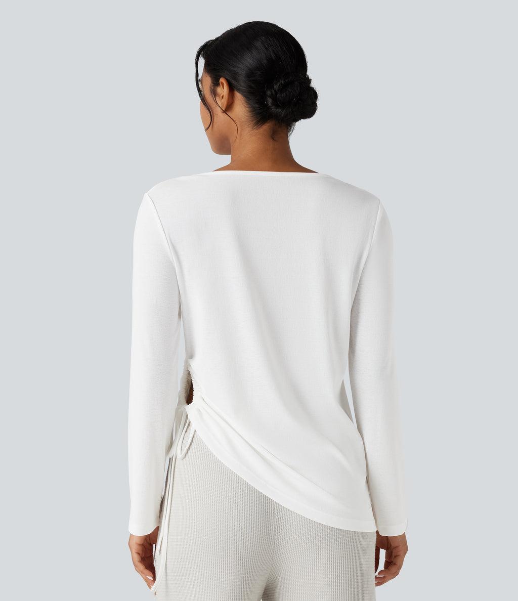 Deep V-neck Long Sleeve Drawstring Hem Casual Top — White — view 2
