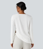 Deep V-neck Long Sleeve Drawstring Hem Casual Top — White — view 2