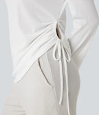 Deep V-neck Long Sleeve Drawstring Hem Casual Top — White — view 5