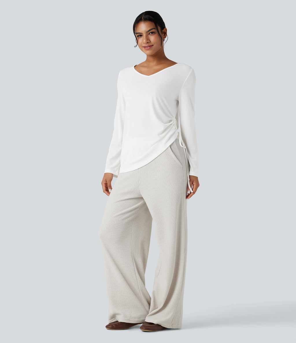 Deep V-neck Long Sleeve Drawstring Hem Casual Top — White — view 6