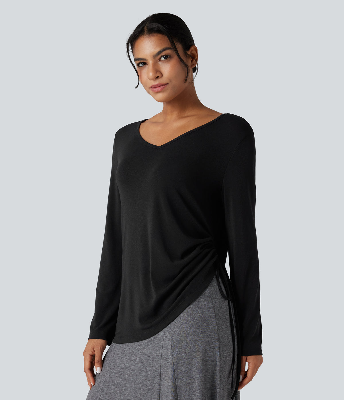 Deep V-neck Long Sleeve Drawstring Hem Casual Top — Black — view 7