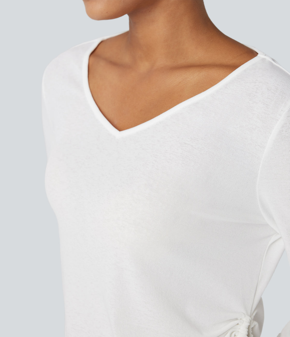 Deep V-neck Long Sleeve Drawstring Hem Casual Top — White — view 4