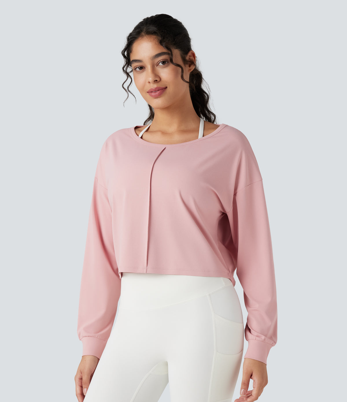 Backless Long Sleeve Workout Sports Top — Chalk Pink — view 4