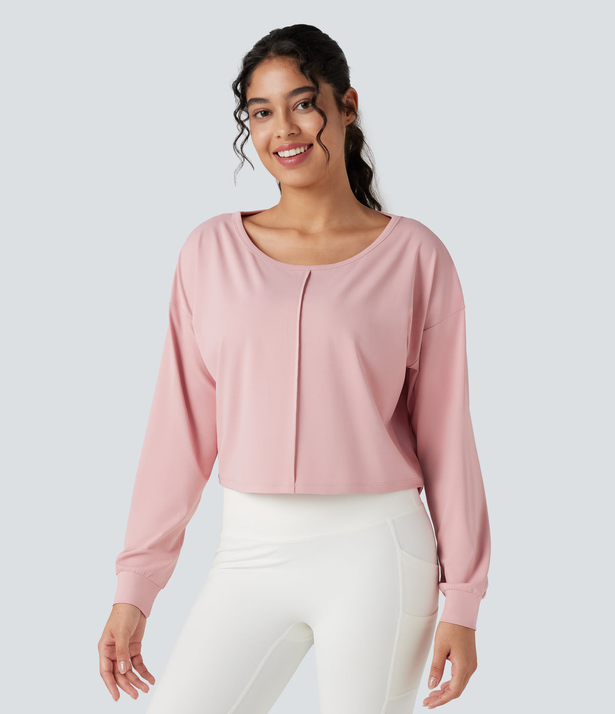 Backless Long Sleeve Workout Sports Top — Chalk Pink — view 2