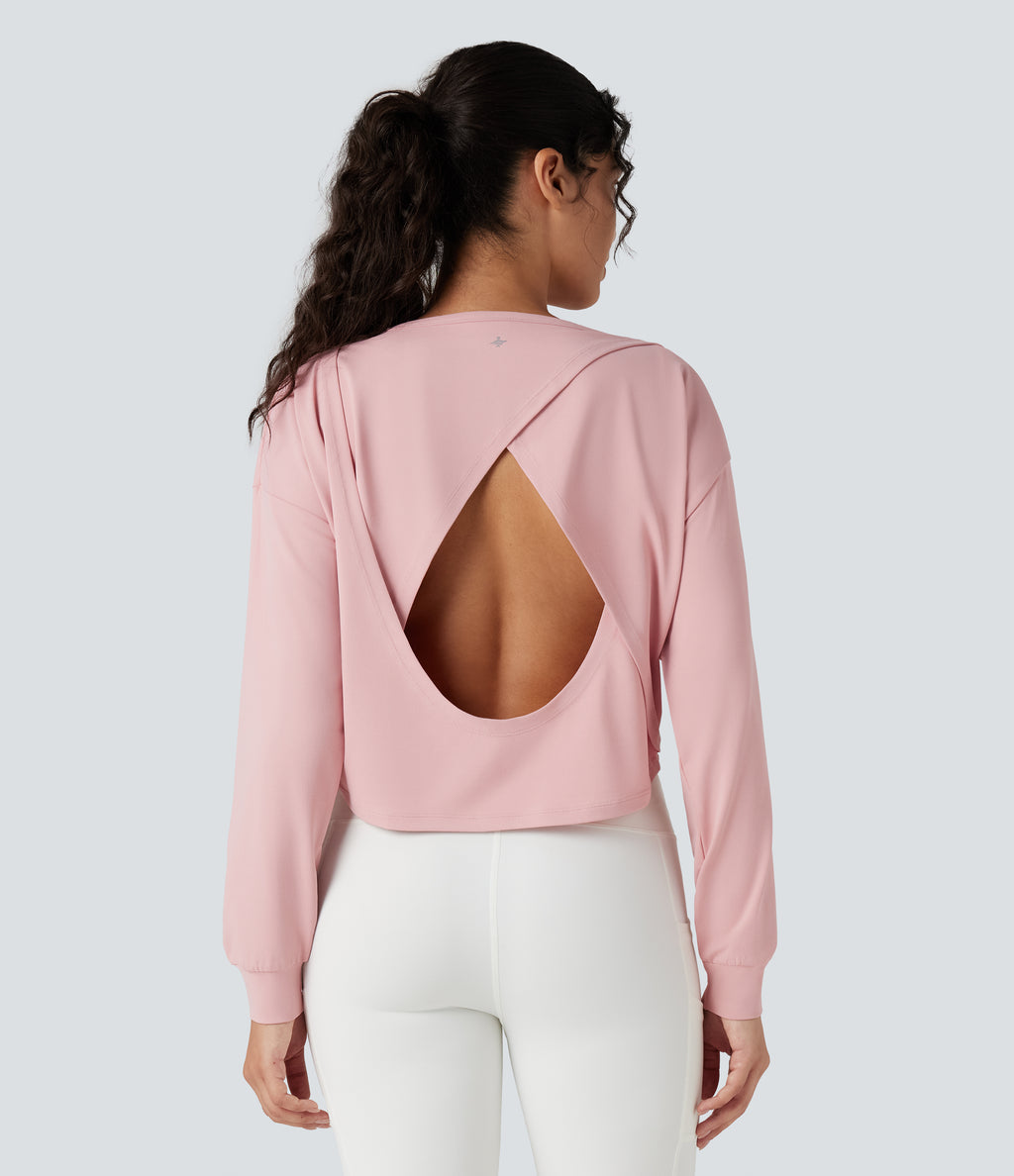 Backless Long Sleeve Workout Sports Top — Chalk Pink — view 3