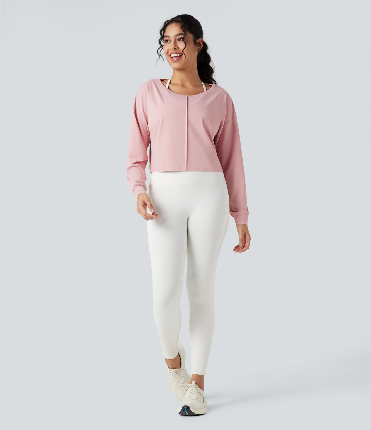 Backless Long Sleeve Workout Sports Top — Chalk Pink — view 7