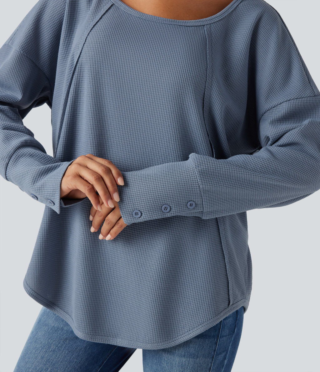 Scoop Neck Long Sleeve Curved Hem Relaxed Waffle Casual Top — Grey Blue — view 1
