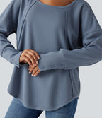 Scoop Neck Long Sleeve Curved Hem Relaxed Waffle Casual Top — Grey Blue — view 1