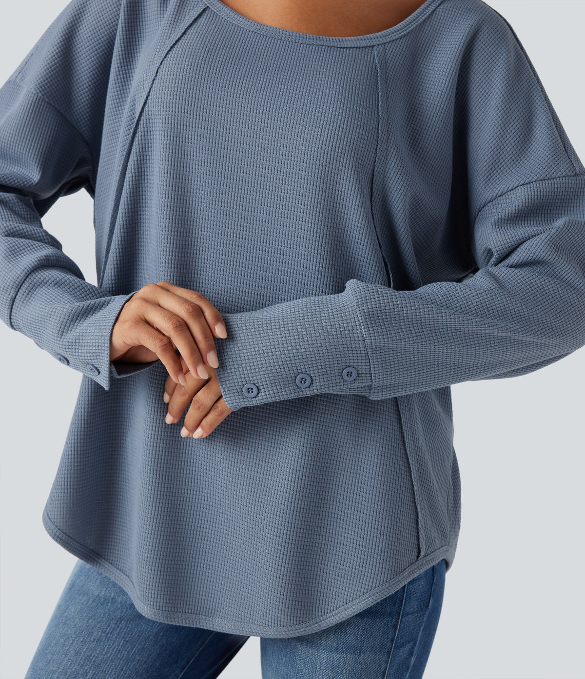 Scoop Neck Long Sleeve Curved Hem Relaxed Waffle Casual Top — Grey Blue — view 1