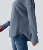 Scoop Neck Long Sleeve Curved Hem Relaxed Waffle Casual Top — Grey Blue — view 5