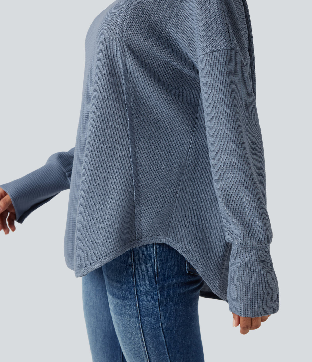 Scoop Neck Long Sleeve Curved Hem Relaxed Waffle Casual Top — Grey Blue — view 5