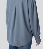 Scoop Neck Long Sleeve Curved Hem Relaxed Waffle Casual Top — Grey Blue — view 6