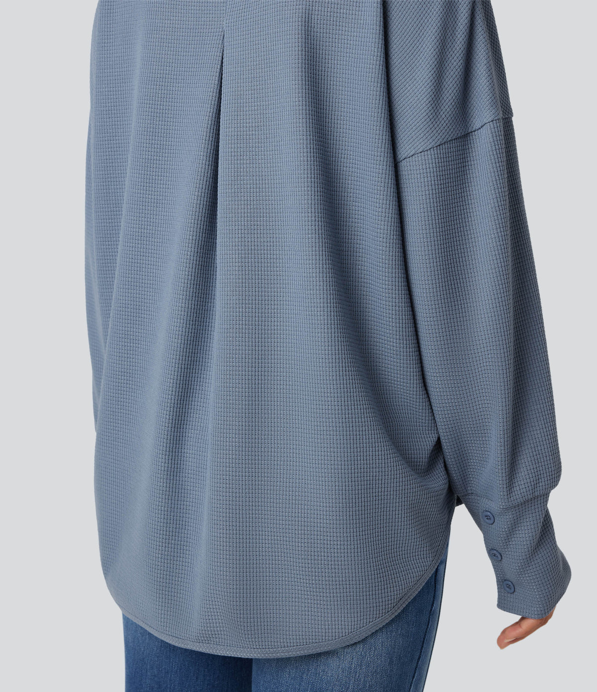 Scoop Neck Long Sleeve Curved Hem Relaxed Waffle Casual Top — Grey Blue — view 6