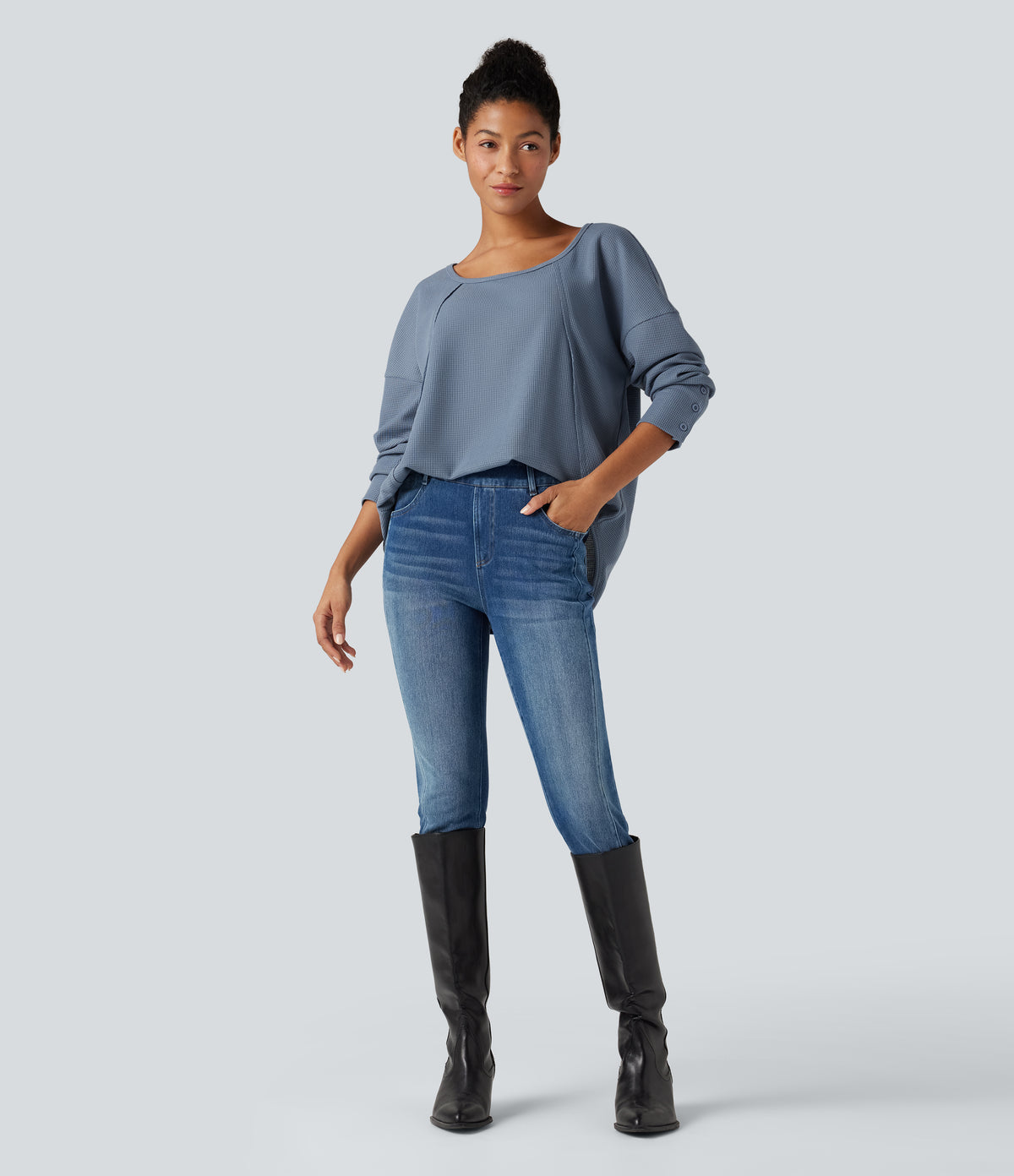 Scoop Neck Long Sleeve Curved Hem Relaxed Waffle Casual Top — Grey Blue — view 7