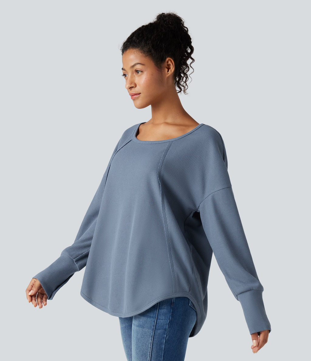 Scoop Neck Long Sleeve Curved Hem Relaxed Waffle Casual Top — Grey Blue — view 4