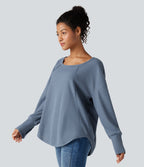 Scoop Neck Long Sleeve Curved Hem Relaxed Waffle Casual Top — Grey Blue — view 4